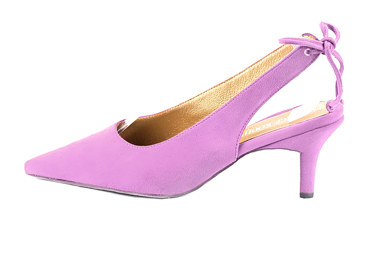 Mauve purple women's slingback shoes. Pointed toe. Medium slim heel. Profile view - Florence KOOIJMAN